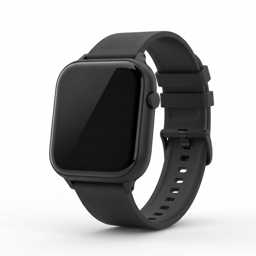 Smartwatch negro con pantalla táctil cuadrada y correa de silicona